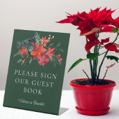 Elegant Green Floral kerstbruiloft Guest Book Reclamebord Met Voetstuk