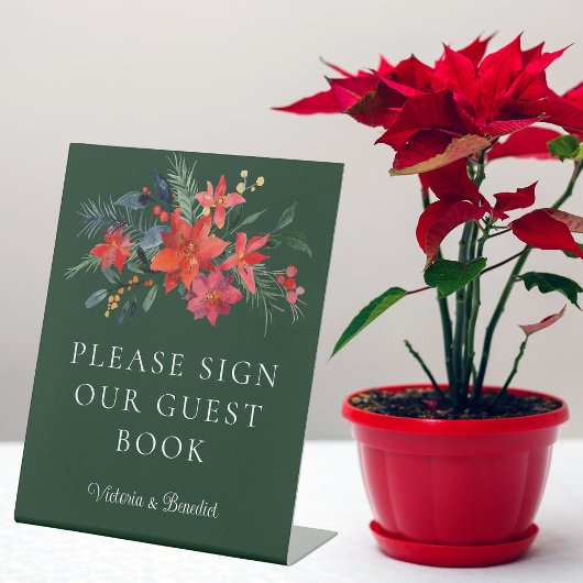Elegant Green Floral kerstbruiloft Guest Book Reclamebord Met Voetstuk