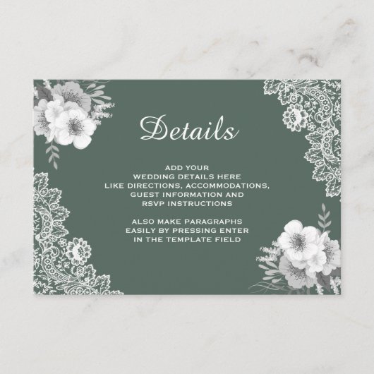 Elegant Green Floral Lace Wedding Details Informatiekaartje (Voorkant)