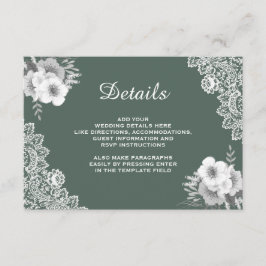 Elegant Green Floral Lace Wedding Details Informatiekaartje