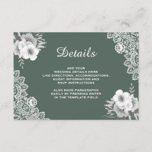 Elegant Green Floral Lace Wedding Details Informatiekaartje