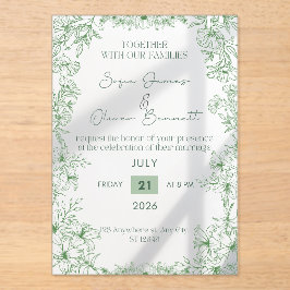 Elegant Green Floral Line Art Wedding Invitation  Acryl Uitnodigingen