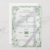 Elegant Green Floral Line Art Wedding Invitation  Kaart (Voorkant / Achterkant)