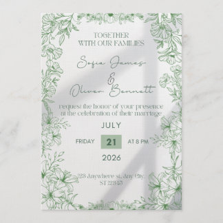 Elegant Green Floral Line Art Wedding Invitation  Kaart