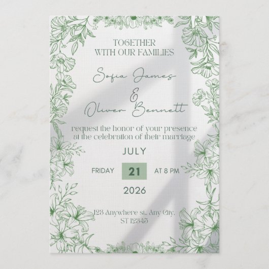 Elegant Green Floral Line Art Wedding Invitation  Kaart (Voorkant)