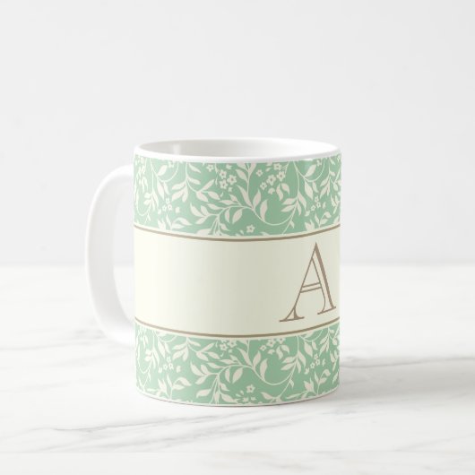 Elegant Green Floral Monogram Koffiemok (Voorkant links)