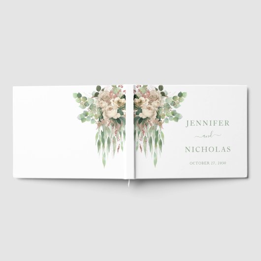 Elegant Green Floral Rozen Wedding Gastenboek (Volledig)