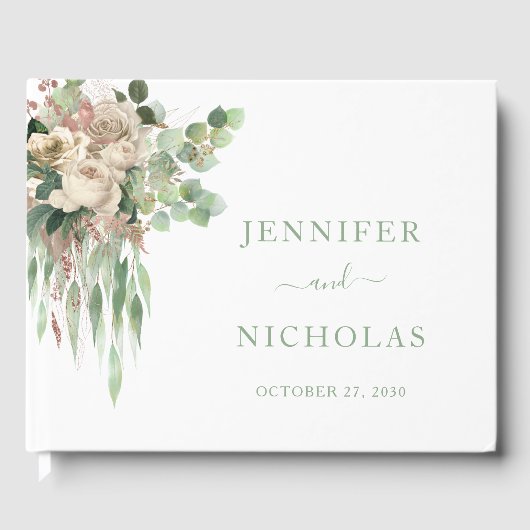 Elegant Green Floral Rozen Wedding Gastenboek (Voorkant)