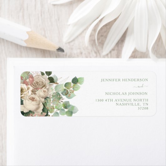 Elegant Green Floral Rozen Wedding Return Address Etiket (Insitu)