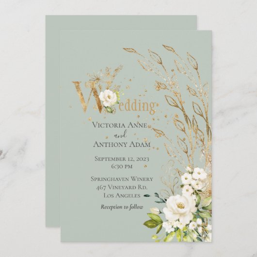 Elegant Green Floral Rustic Script Wedding Kaart (Voorkant / Achterkant)