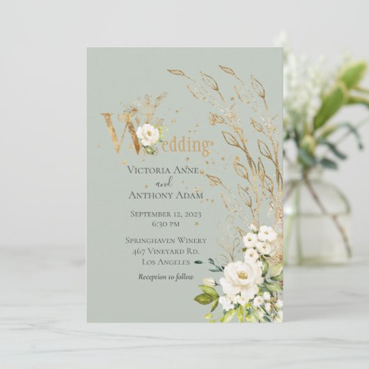 Elegant Green Floral Rustic Script Wedding Kaart (Staand voorkant)