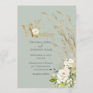 Elegant Green Floral Rustic Script Wedding Kaart