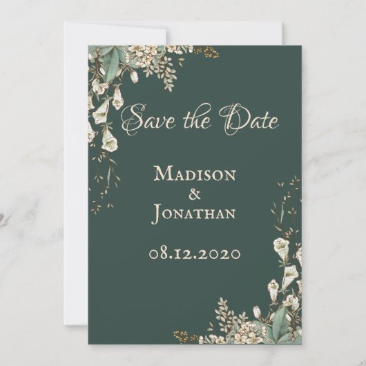 Elegant Green Floral Script Wedding Save The Date (Voorkant)