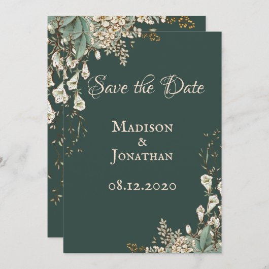 Elegant Green Floral Script Wedding Save The Date (Voorkant / Achterkant)