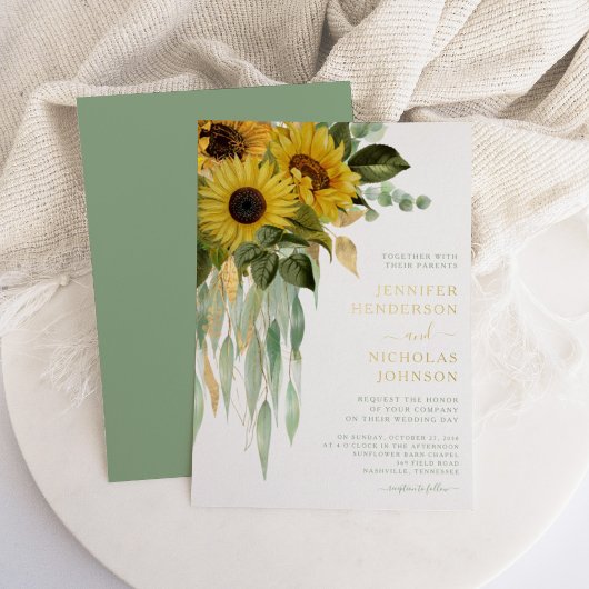 Elegant Green Floral Sunflower Wedding Gold Folie Uitnodiging