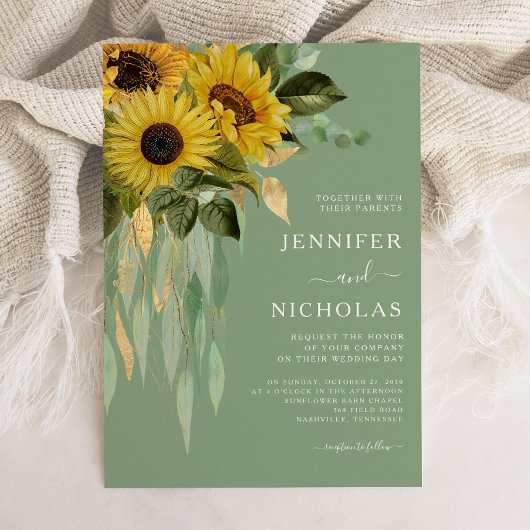 Elegant Green Floral Sunflower Wedding Kaart