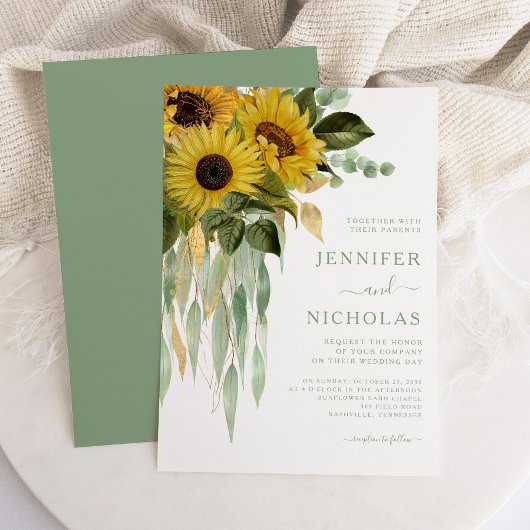 Elegant Green Floral Sunflower Wedding Kaart