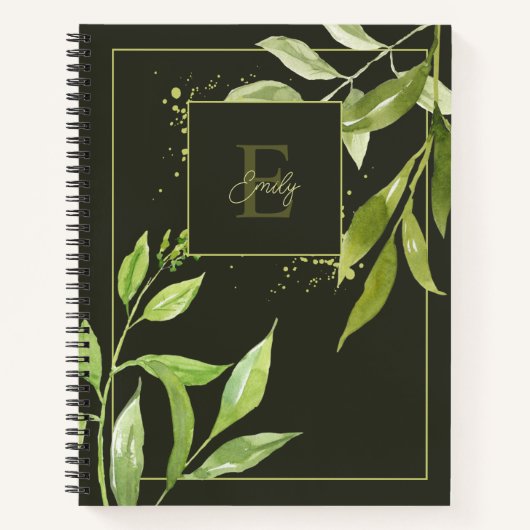 Elegant Green Floral Waterverf Monogram Notitieboek (Voorkant)
