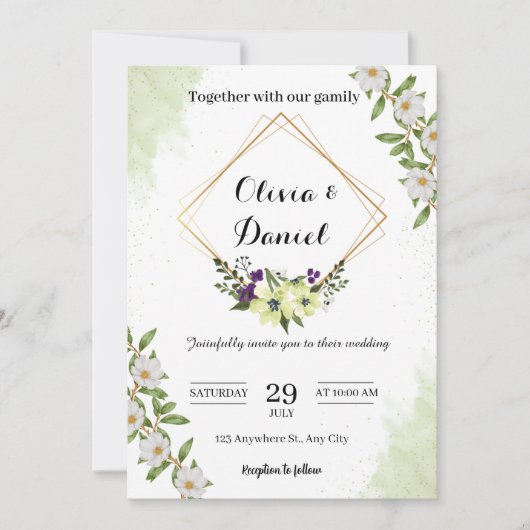 Elegant Green Floral Wedding Invitation Kaart (Voorkant)