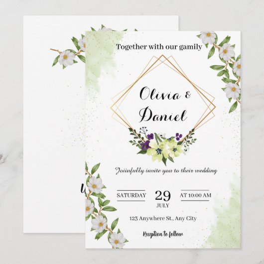 Elegant Green Floral Wedding Invitation Kaart (Voorkant / Achterkant)