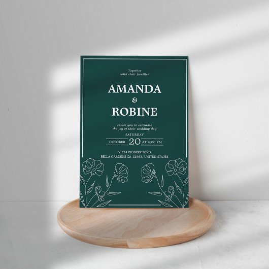 Elegant Green Floral Wedding Invitation Kaart