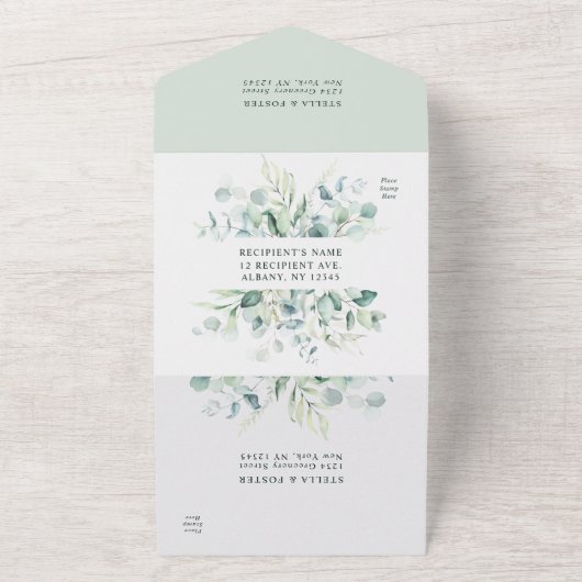 Elegant Green Foliage Ampersand Wedding All In One Uitnodiging (Buitenkant)