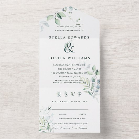 Elegant Green Foliage Ampersand Wedding All In One Uitnodiging (Binnen)