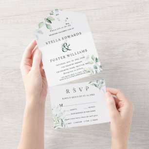 Elegant Green Foliage Ampersand Wedding All In One Uitnodiging