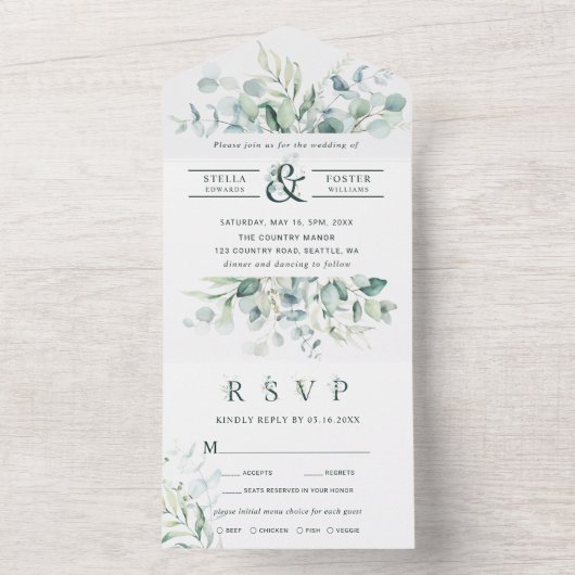 Elegant Green Foliage Ampersand Wedding All In One Uitnodiging (Binnen)