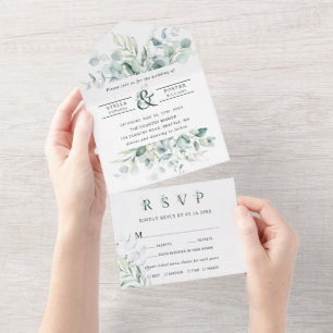 Elegant Green Foliage Ampersand Wedding All In One Uitnodiging