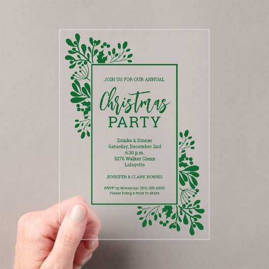 Elegant Green Foliage Christmas Party Acryl Uitnodigingen (Insitu (Draagbaar))
