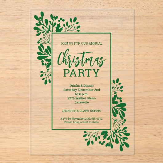 Elegant Green Foliage Christmas Party Acryl Uitnodigingen (Voorkant)