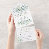 Elegant Green Foliage Gold Ampersand Wedding All In One Uitnodiging (Afscheurbaar)