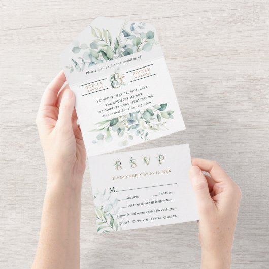Elegant Green Foliage Gold Ampersand Wedding All In One Uitnodiging (Afscheurbaar)