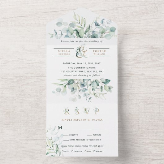 Elegant Green Foliage Gold Ampersand Wedding All In One Uitnodiging (Binnen)