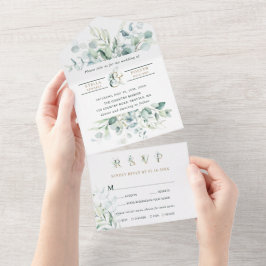 Elegant Green Foliage Gold Ampersand Wedding All In One Uitnodiging