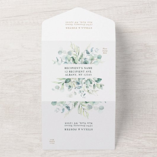 Elegant Green Foliage Gold Ampersand Wedding All In One Uitnodiging (Buitenkant)