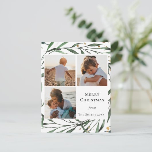 Elegant Green Foliage Gold Confetti Waterverf Feestdagenkaart (Staand voorkant)