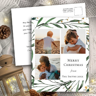 Elegant Green Foliage Gold Confetti Waterverf Feestdagenkaart