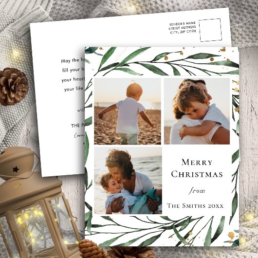 Elegant Green Foliage Gold Confetti Waterverf Feestdagenkaart