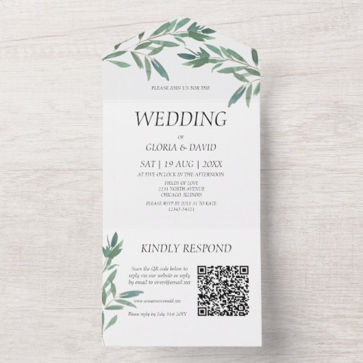 Elegant Green Foliage QR Code All In One Uitnodiging (Binnen)