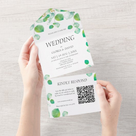 Elegant Green Foliage QR Code All In One Uitnodiging (Afscheurbaar)