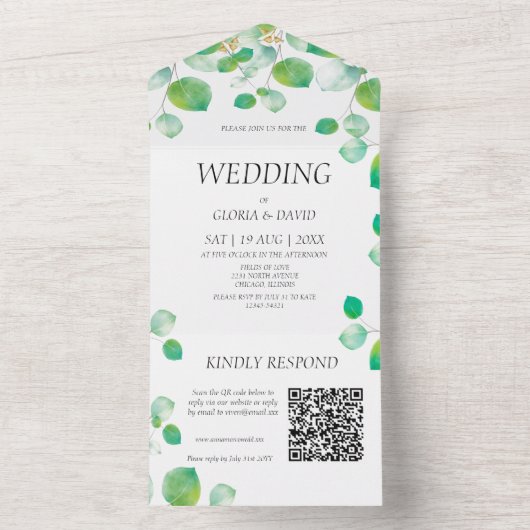 Elegant Green Foliage QR Code All In One Uitnodiging (Binnen)