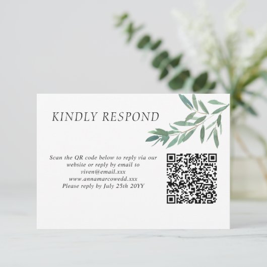 Elegant green Foliage QR Code RSVP Card (Staand voorkant)