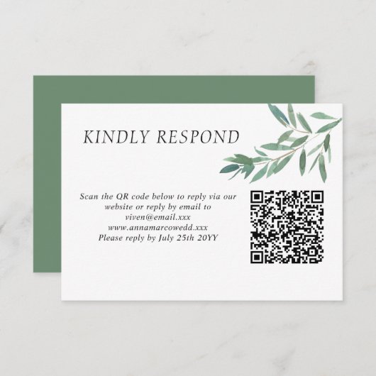 Elegant green Foliage QR Code RSVP Card (Voorkant / Achterkant)