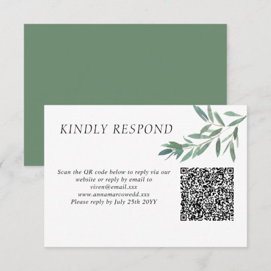 Elegant green Foliage QR Code RSVP Card Kaartje (Voorkant / Achterkant)