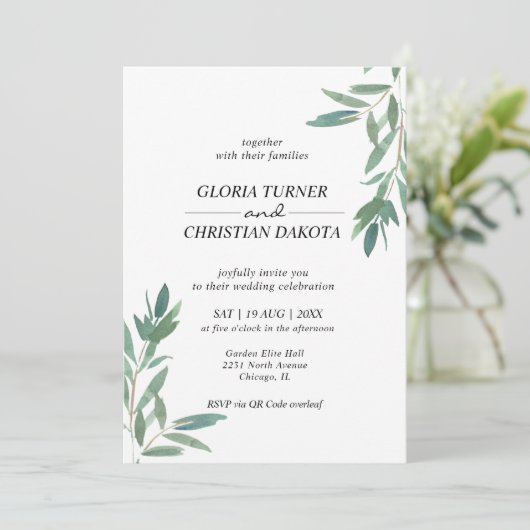Elegant Green Foliage QR Code Weddenschap Uitnodig Kaart (Staand voorkant)