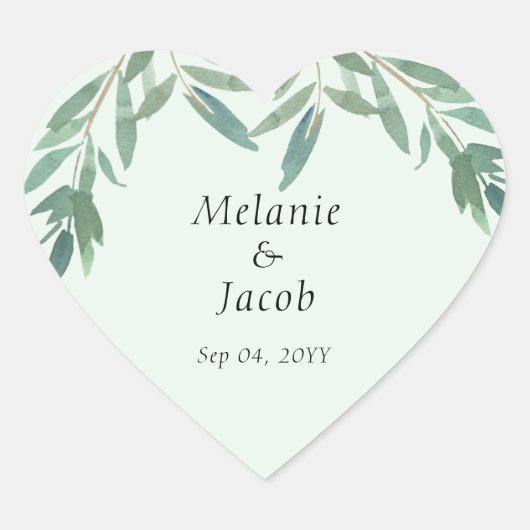 Elegant Green Foliage Wedding Hart Sticker (Voorkant)