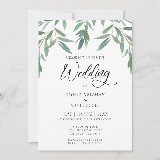 Elegant Green Foliage Wedding Invitation Kaart (Voorkant)