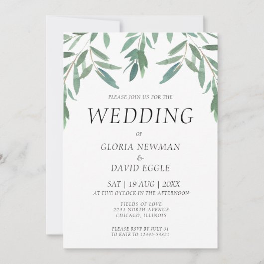 Elegant Green Foliage Wedding Invitation Kaart (Voorkant)